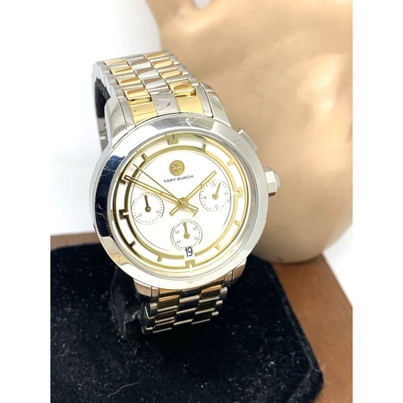Tory Burch Women's Watch TBW1052 Quartz Chronograph Cream Dial Two Tone Steel - Picture 12 of 13